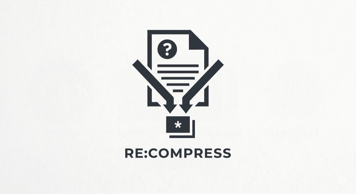Re:Compress logo: a document with a question mark funnelled by two arrows into a small block, above the name RE:COMPRESS.