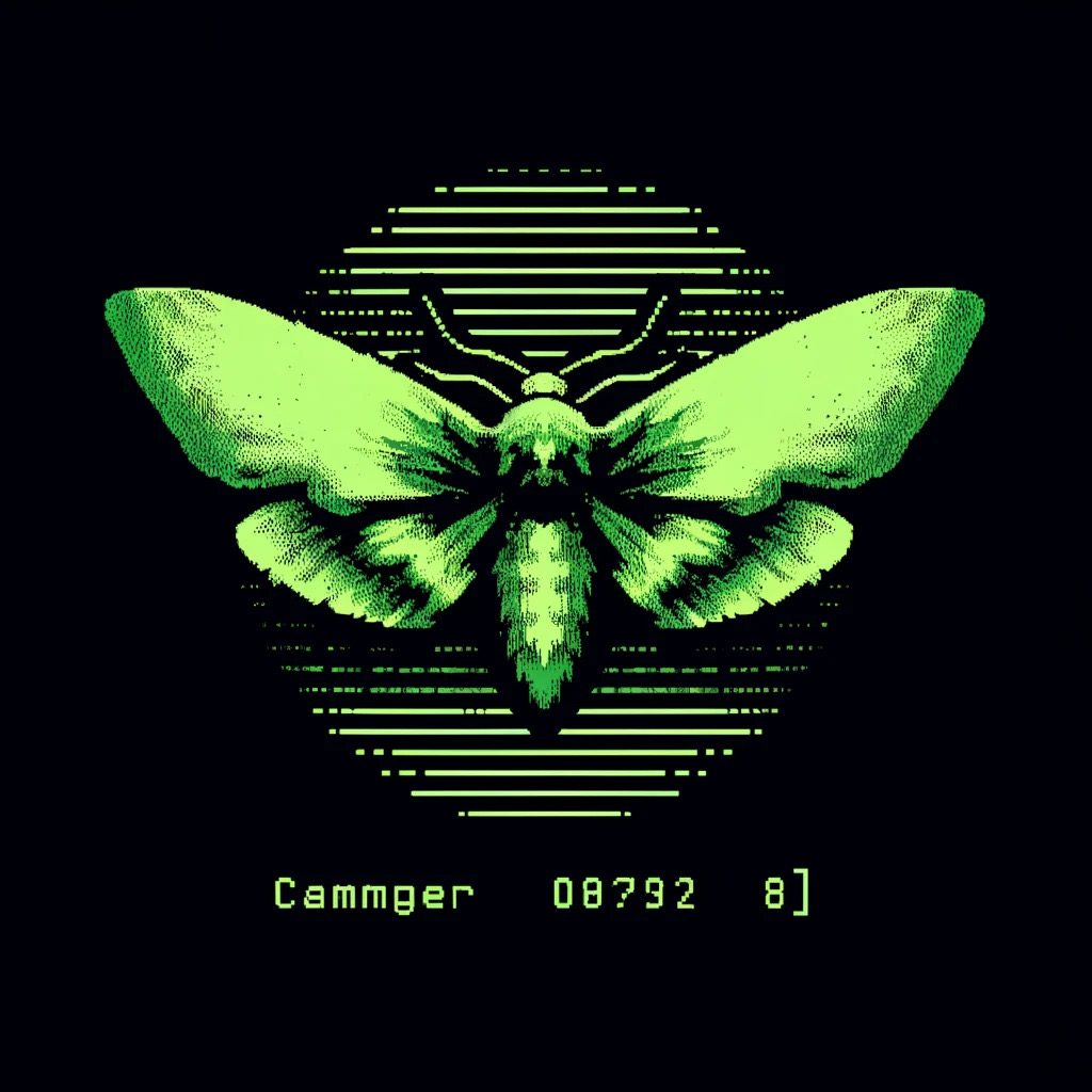 Moth Challenge artwork: a green pixel-art moth over a striped circle on a black background.