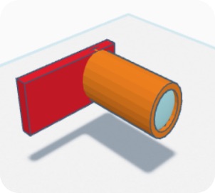 3D render of an orange cylindrical lens attachment on a red plate, from the EyeSnap Devpost page.