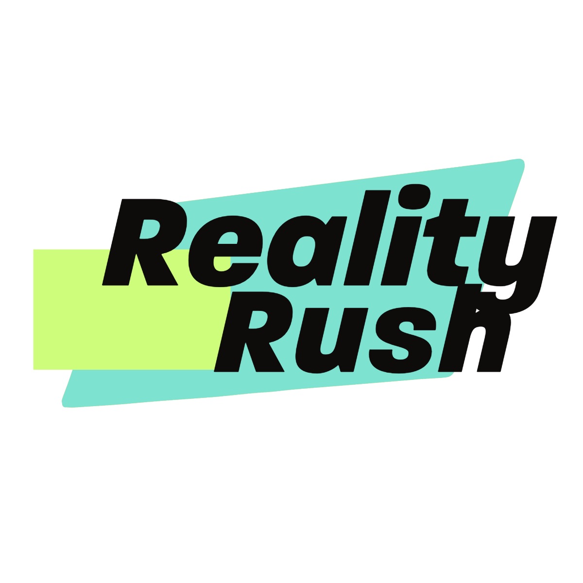 Reality Rush wordmark in black over teal and lime shapes.