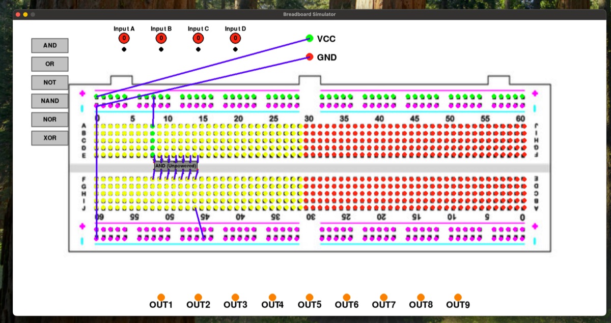 Screenshot of the VR Breadboard simulator: a breadboard with logic gate buttons, four inputs, VCC and GND wires and nine output pins.