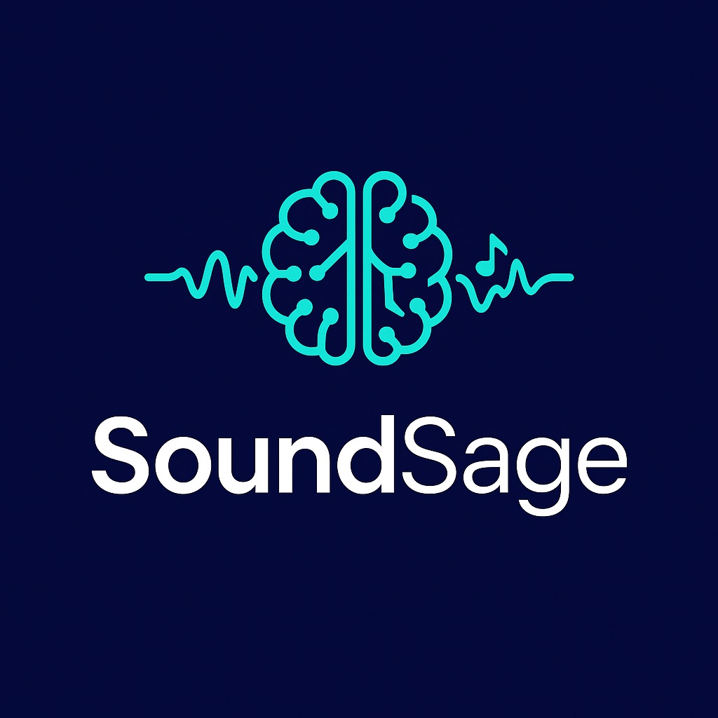 SoundSage logo: a teal brain outline between audio waveforms on a navy background.