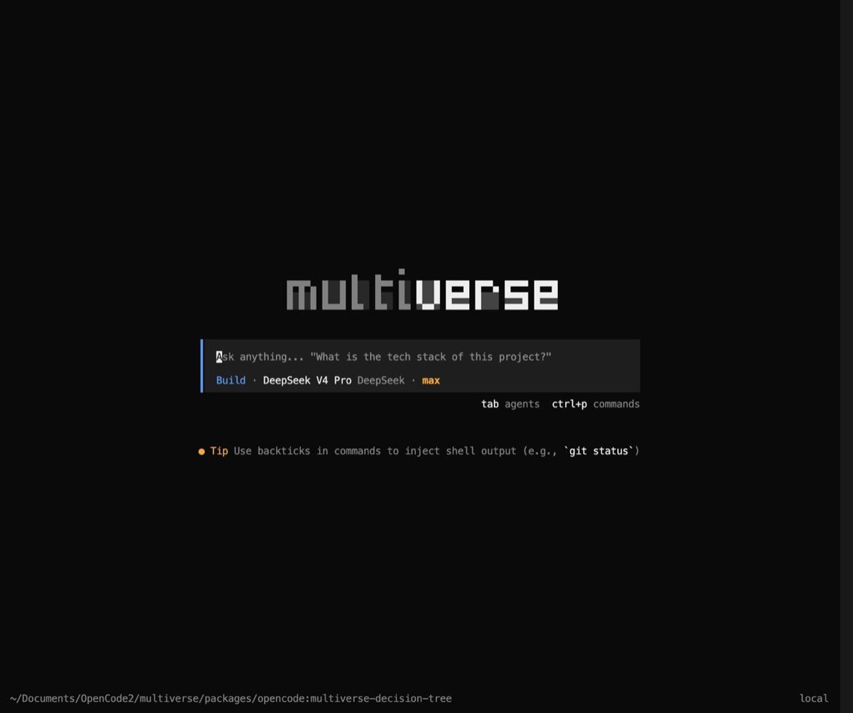 Terminal screenshot of the Multiverse TUI: a pixel-font multiverse banner above an Ask anything prompt.